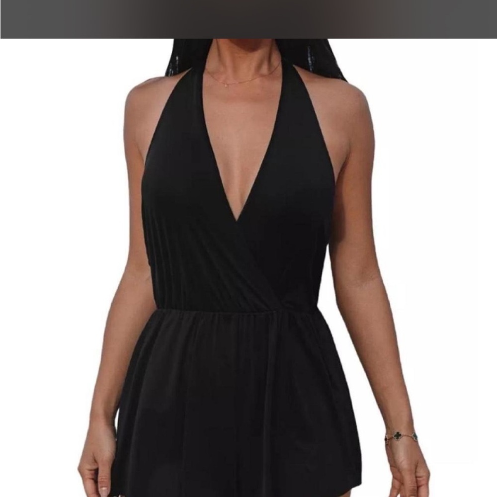 Black Halter Romper with Deep V Neck swim material